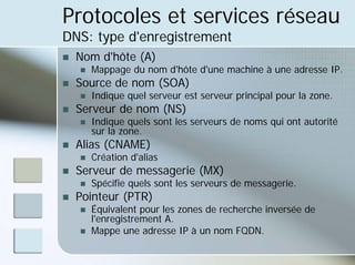 Protocoles et services réseau
DNS: type d'enregistrement
„ Nom d'hôte (A)
„ Mappage du nom d'hôte d'une machine à une adresse IP.
„ Source de nom (SOA)
„ Indique quel serveur est serveur principal pour la zone.
„ Serveur de nom (NS)
„ Indique quels sont les serveurs de noms qui ont autorité
sur la zone.
„ Alias (CNAME)
„ Création d'alias
„ Serveur de messagerie (MX)
„ Spécifie quels sont les serveurs de messagerie.
„ Pointeur (PTR)
„ Équivalent pour les zones de recherche inversée de
l'enregistrement A.
„ Mappe une adresse IP à un nom FQDN.
 