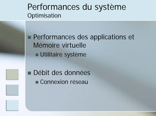 Performances du système
Optimisation
„ Performances des applications et
Mémoire virtuelle
„ Utilitaire système
„ Débit des données
„ Connexion réseau
 