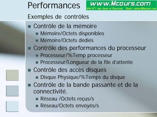 Performances
Exemples de contrôles
„ Contrôle de la mémoire
„ Mémoire/Octets disponibles
„ Mémoire/Octets dédiés
„ Contrôle des performances du processeur
„ Processeur/%Temp processeur
„ Processeur/Longueur de la file d’attente
„ Contrôle des accès disques
„ Disque Physique/%Temps du disque
„ Contrôle de la bande passante et de la
connectivité.
„ Réseau /Octets reçus/s
„ Réseau/Octets envoyés/s
 