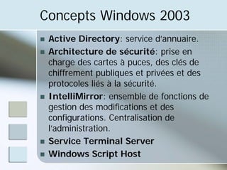 Concepts Windows 2003
„ Active Directory: service d’annuaire.
„ Architecture de sécurité: prise en
charge des cartes à puces, des clés de
chiffrement publiques et privées et des
protocoles liés à la sécurité.
„ IntelliMirror: ensemble de fonctions de
gestion des modifications et des
configurations. Centralisation de
l’administration.
„ Service Terminal Server
„ Windows Script Host
 