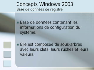 Concepts Windows 2003
Base de données de registre
„ Base de données contenant les
informations de configuration du
système.
„ Elle est composée de sous-arbres
avec leurs clefs, leurs ruches et leurs
valeurs.
 