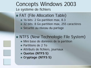 Concepts Windows 2003
Le système de fichiers
„ FAT (File Allocation Table)
„ 16 bits: 2 Go partition max, 8.3
„ 32 bits: 8 Go partition max, 255 caractères
„ Sécurité au niveau du partage
„ NTFS (New Technologie File System)
„ Mini base de données de la partition
„ Partitions de 2 To
„ Attributs de fichiers, journaux
„ Quotas (NTFS 5)
„ Cryptage (NTFS 5)
 