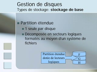 Gestion de disques
Types de stockage: stockage de base
„ Partition étendue
„ 1 seule par disque
„ Décomposée en secteurs logiques
formatés au moyen d’un système de
fichiers
F
G
H
Partition étendue
dotée de lecteurs
logiques
 