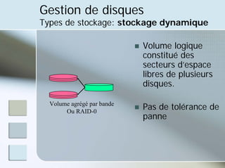 Gestion de disques
Types de stockage: stockage dynamique
„ Volume logique
constitué des
secteurs d’espace
libres de plusieurs
disques.
„ Pas de tolérance de
panne
Volume agrégé par bande
Ou RAID-0
 