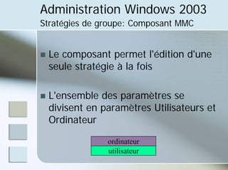 Administration Windows 2003
Stratégies de groupe: Composant MMC
„ Le composant permet l'édition d'une
seule stratégie à la fois
„ L'ensemble des paramètres se
divisent en paramètres Utilisateurs et
Ordinateur
ordinateur
utilisateur
 