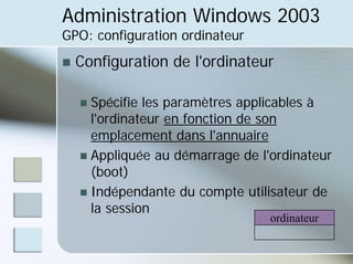 Administration Windows 2003
GPO: configuration ordinateur
„ Configuration de l'ordinateur
„ Spécifie les paramètres applicables à
l'ordinateur en fonction de son
emplacement dans l'annuaire
„ Appliquée au démarrage de l'ordinateur
(boot)
„ Indépendante du compte utilisateur de
la session
ordinateur
 