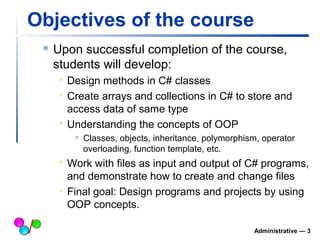 Objectives of the course 
 Upon successful completion of the course, 
students will develop: 
 Design methods in C# classes 
 Create arrays and collections in C# to store and 
access data of same type 
 Understanding the concepts of OOP 
 Classes, objects, inheritance, polymorphism, operator 
overloading, function template, etc. 
 Work with files as input and output of C# programs, 
and demonstrate how to create and change files 
 Final goal: Design programs and projects by using 
OOP concepts. 
Administrative — 3 
 