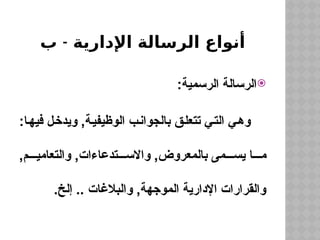 -
‫ب‬ ‫اإلدارية‬ ‫الرسالة‬ ‫أنواع‬

:‫الرسمية‬ ‫الرسالة‬
:‫فيها‬ ‫ويدخل‬ ,‫الوظيفية‬ ‫بالجوانب‬ ‫تتعلق‬ ‫التي‬ ‫وهي‬
,‫م‬ ‫والتعامي‬ ,‫تدعاءات‬ ‫واالس‬ ,‫بالمعروض‬ ‫مى‬ ‫يس‬ ‫ا‬ ‫م‬
.‫إلخ‬ .. ‫والبالغات‬ ,‫الموجهة‬ ‫اإلدارية‬ ‫والقرارات‬
 