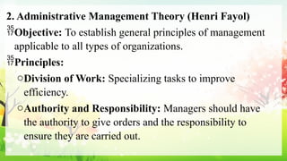 2. Administrative Management Theory (Henri Fayol)
Objective: To establish general principles of management
applicable to all types of organizations.
Principles:
oDivision of Work: Specializing tasks to improve
efficiency.
oAuthority and Responsibility: Managers should have
the authority to give orders and the responsibility to
ensure they are carried out.
 