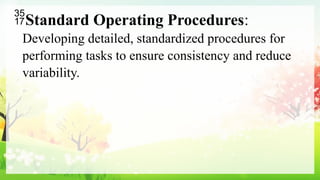 Standard Operating Procedures:
Developing detailed, standardized procedures for
performing tasks to ensure consistency and reduce
variability.
 