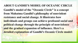 ABOUT GANDHI’S MODEL OF OCEANIC CIRCLE
Gandhi's model of the "Oceanic Circle" is a concept
from Mahatma Gandhi's philosophy of nonviolent
resistance and social change. It illustrates how
individuals and groups can achieve profound social and
political change through the principle of nonviolence
and the gradual expansion of influence. Here's a
detailed explanation of Gandhi's Oceanic Circle model:
 