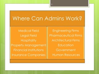 Where Can Admins Work?
Medical Field
Legal Field
Hospitality
Property Management
Financial Institutions
Insurance Companies
Engineering Firms
Pharmaceutical Firms
Architectural Firms
Education
Government
Human Resources
9
 