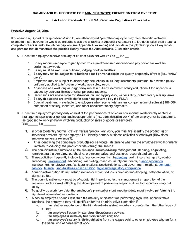 FLSA Administrative Exemption (Job Description Checklist) PDF