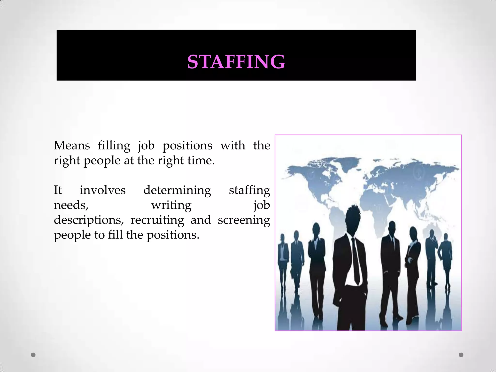 STAFFINGMeans filling job positions with the right people at the right time.It involves determining staffing needs, writing job descriptions, recruiting and screening people to fill the positions.
