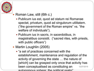  Roman Law, still (6th c.)
 Publicum ius est, quod ad statum rei Romanae
spectat, privatum, quod ad singulorum utilitatem.
(“the government of the Roman empire” vs. “the
welfare of individuals”).
 Publicum ius in sacris, in sacerdotibus, in
magistratibus consistit. (“sacred rites, with priests,
with public officers”)
 Martin Loughlin (2005)
 “a set of practices concerned with the
establishment, maintenance and regulation of the
activity of governing the state … the nature of
[which] can be grasped only once that activity has
been conceptualised as constituting an 12/27/2019
 