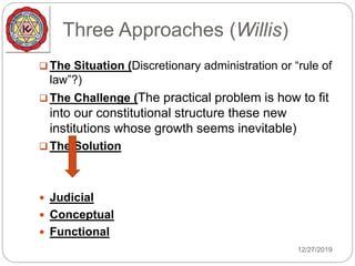 Three Approaches (Willis)
 The Situation (Discretionary administration or “rule of
law”?)
 The Challenge (The practical problem is how to fit
into our constitutional structure these new
institutions whose growth seems inevitable)
 The Solution
 Judicial
 Conceptual
 Functional
12/27/2019
 