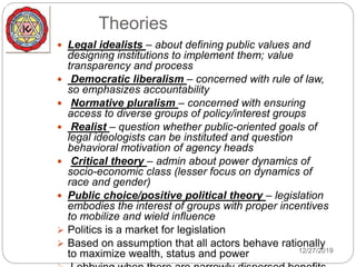 Theories
 Legal idealists – about defining public values and
designing institutions to implement them; value
transparency and process
 Democratic liberalism – concerned with rule of law,
so emphasizes accountability
 Normative pluralism – concerned with ensuring
access to diverse groups of policy/interest groups
 Realist – question whether public-oriented goals of
legal ideologists can be instituted and question
behavioral motivation of agency heads
 Critical theory – admin about power dynamics of
socio-economic class (lesser focus on dynamics of
race and gender)
 Public choice/positive political theory – legislation
embodies the interest of groups with proper incentives
to mobilize and wield influence
 Politics is a market for legislation
 Based on assumption that all actors behave rationally
to maximize wealth, status and power 12/27/2019
 
