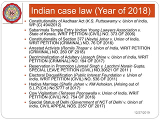 Indian case law (Year of 2018)
 Constitutionality of Aadhaar Act (K.S. Puttaswamy v. Union of lndia,
WP (C) 494/2012)
 Sabarimala Temple Entry (Indian Young Lawyers Association v.
State of Kerala, WRIT PETITION (CIVIL) NO. 373 OF 2006)
 Constitutionality of Section 377 (Navtej Johar v. Union of India,
WRIT PETITION (CRIMINAL) NO. 76 OF 2016)
 Arrested Activists (Romila Thapar v. Union of India, WRIT PETITION
(CRIMINAL) NO. 260 OF 2018)
 Decriminalization of Adultery (Joseph Shine v. Union of India, WRIT
PETITION (CRIMINAL) NO. 194 OF 2017)
 Reservation in Promotion (Jarnail Singh v. Lacchmi Narain Gupta,
SPECIAL LEAVE PETITION (CIVIL) NO.30621 OF 2011 )
 Electoral Disqualification (Public Interest Foundation v. Union of
India, WRIT PETITION (CIVIL) NO. 536 OF 2011)
 Hadiya Marriage (Shafin Jahan v. KM Ashokan, (Arising out of
S.L.P.(Crl.) No.5777 of 2017)
 Cow Vigilantism (Tehseen Poonawalla v. Union of India, WRIT
PETITION (CIVIL) NO. 754 OF 2016)
 Special Status of Delhi (Government of NCT of Delhi v. Union of
India, CIVIL APPEAL NOS. 2357 OF 2017)
12/27/2019
 
