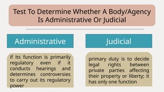 Test To Determine Whether A Body/Agency
Is Administrative Or Judicial
Administrative
if its function is primarily
regulatory even if it
conducts hearings and
determines controversies
to carry out its regulatory
power
Judicial
primary duty is to decide
legal rights between
private parties affecting
their property or liberty; it
has only one function
 