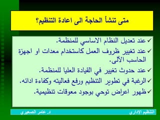 ‫التنظيم؟‬ ‫اعادة‬ ‫الى‬ ‫الحاجة‬ ‫تنشأ‬ ‫متى‬
‫للمنظمة‬ ‫االساسي‬ ‫النظام‬ ‫تعديل‬ ‫عند‬.
‫اجه‬ ‫او‬ ‫معدات‬ ‫كاستخدام‬ ‫العمل‬ ‫ظروف‬ ‫تغيير‬ ‫عند‬‫ة‬‫ز‬
‫اآللى‬ ‫الحاسب‬.
‫للمنظمة‬ ‫العليا‬ ‫القيادة‬ ‫في‬ ‫تغيير‬ ‫حدوث‬ ‫عند‬.
‫و‬ ‫فعاليته‬ ‫فع‬‫ر‬‫و‬ ‫التنظيم‬ ‫تطوير‬ ‫في‬ ‫غبة‬‫الر‬‫ادائه‬ ‫كفاءة‬.
‫تنظيمية‬ ‫معوقات‬ ‫بوجود‬ ‫توحي‬ ‫اض‬‫ر‬‫اع‬ ‫ظهور‬.
‫د‬ ‫اإلداري‬ ‫التنظيم‬.‫الصعيري‬ ‫عامر‬
 
