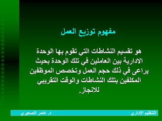 ‫العمل‬ ‫توزيع‬ ‫مفهوم‬
‫الوحدة‬ ‫بها‬ ‫تقوم‬ ‫التي‬ ‫النشاطات‬ ‫تقسيم‬ ‫هو‬
‫بحي‬ ‫الوحدة‬ ‫تلك‬ ‫في‬ ‫العاملين‬ ‫بين‬ ‫االدارية‬‫ث‬
‫الموظف‬ ‫وتخصص‬ ‫العمل‬ ‫حجم‬ ‫ذلك‬ ‫في‬ ‫يراعى‬‫ين‬
‫التقري‬ ‫والوقت‬ ‫النشاطات‬ ‫بتلك‬ ‫المكلفين‬‫بي‬
‫لالنجاز‬.
‫د‬ ‫اإلداري‬ ‫التنظيم‬.‫الصعيري‬ ‫عامر‬
 