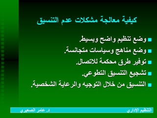‫التنسيق‬ ‫عدم‬ ‫مشكالت‬ ‫معالجة‬ ‫كيفية‬
‫وبسيط‬ ‫واضح‬ ‫تنظيم‬ ‫وضع‬.
‫متجانسة‬ ‫وسياسات‬ ‫مناهج‬ ‫وضع‬.
‫لالتصال‬ ‫محكمة‬ ‫طرق‬ ‫توفير‬.
‫التطوعي‬ ‫التنسيق‬ ‫تشجيع‬.
‫الشخصي‬ ‫والرعاية‬ ‫التوجيه‬ ‫خالل‬ ‫من‬ ‫التنسيق‬‫ة‬.
‫د‬ ‫اإلداري‬ ‫التنظيم‬.‫الصعيري‬ ‫عامر‬
 