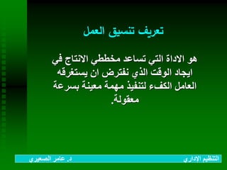 ‫العمل‬ ‫تنسيق‬ ‫تعريف‬
‫في‬ ‫االنتاج‬ ‫مخططي‬ ‫تساعد‬ ‫التي‬ ‫االداة‬ ‫هو‬
‫يستغرقه‬ ‫ان‬ ‫نفترض‬ ‫الذي‬ ‫الوقت‬ ‫ايجاد‬
‫بسرع‬ ‫معينة‬ ‫مهمة‬ ‫لتنفيذ‬ ‫الكفء‬ ‫العامل‬‫ة‬
‫معقولة‬.
‫د‬ ‫اإلداري‬ ‫التنظيم‬.‫الصعيري‬ ‫عامر‬
 