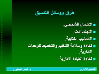 ‫التنسيق‬ ‫ووسائل‬ ‫ق‬‫طر‬
‫الشخصي‬ ‫االتصال‬.
‫االجتماعات‬.
‫الكتابية‬ ‫االساليب‬.
‫للوحدات‬ ‫والتخطيط‬ ‫التنظيم‬ ‫وسالمة‬ ‫كفاءة‬
‫االدارية‬.
‫االدارية‬ ‫القيادة‬ ‫كفاءة‬.
‫د‬ ‫اإلداري‬ ‫التنظيم‬.‫الصعيري‬ ‫عامر‬
 