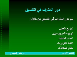 ‫التنسيق‬ ‫في‬ ‫المشرف‬ ‫دور‬
‫خالل‬ ‫من‬ ‫التنسيق‬ ‫في‬ ‫المشرف‬ ‫دور‬ ‫يتم‬:
‫العمل‬ ‫توزيع‬.
‫المرؤوسين‬ ‫توجيه‬.
‫الخطط‬ ‫اعداد‬.
‫القرارات‬ ‫اتخاذ‬.
‫المكافآت‬ ‫نظام‬.
‫د‬ ‫اإلداري‬ ‫التنظيم‬.‫الصعيري‬ ‫عامر‬
 