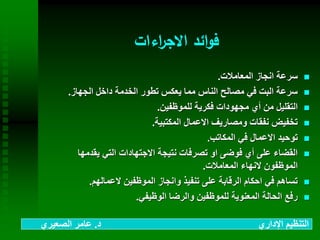 ‫اءات‬‫ر‬‫االج‬ ‫ائد‬‫و‬‫ف‬
‫المعامالت‬ ‫انجاز‬ ‫سرعة‬.
‫الجهاز‬ ‫داخل‬ ‫الخدمة‬ ‫تطور‬ ‫يعكس‬ ‫مما‬ ‫الناس‬ ‫مصالح‬ ‫في‬ ‫البت‬ ‫سرعة‬.
‫للموظفين‬ ‫فكرية‬ ‫مجهودات‬ ‫أي‬ ‫من‬ ‫التقليل‬.
‫المكتبية‬ ‫االعمال‬ ‫ومصاريف‬ ‫نفقات‬ ‫تخفيض‬.
‫المكاتب‬ ‫في‬ ‫االعمال‬ ‫توحيد‬.
‫يقدمها‬ ‫التي‬ ‫االجتهادات‬ ‫نتيجة‬ ‫تصرفات‬ ‫او‬ ‫فوضى‬ ‫أي‬ ‫على‬ ‫القضاء‬
‫المعامالت‬ ‫النهاء‬ ‫الموظفون‬.
‫العمالهم‬ ‫الموظفين‬ ‫وانجاز‬ ‫تنفيذ‬ ‫على‬ ‫الرقابة‬ ‫احكام‬ ‫في‬ ‫تساهم‬.
‫الوظيفي‬ ‫والرضا‬ ‫للموظفين‬ ‫المعنوية‬ ‫الحالة‬ ‫رفع‬.
‫د‬ ‫اإلداري‬ ‫التنظيم‬.‫الصعيري‬ ‫عامر‬
 