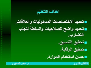 ‫التنظيم‬ ‫اهداف‬
‫والعالق‬ ‫المسئوليات‬ ‫االختصاصات‬ ‫تحديد‬‫ات‬.
‫لتجن‬ ‫والسلطة‬ ‫للصالحيات‬ ‫واضح‬ ‫تحديد‬‫ب‬
‫التضارب‬.
‫التنسيق‬ ‫تحقيق‬.
‫الرقابة‬ ‫تحقيق‬.
‫الموارد‬ ‫استخدام‬ ‫حسن‬.
‫د‬ ‫اإلداري‬ ‫التنظيم‬.‫الصعيري‬ ‫عامر‬
 