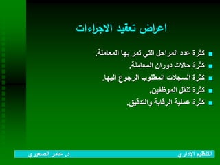 ‫اءات‬‫ر‬‫االج‬ ‫تعقيد‬ ‫اض‬‫ر‬‫اع‬
‫المعاملة‬ ‫بها‬ ‫تمر‬ ‫التي‬ ‫المراحل‬ ‫عدد‬ ‫كثرة‬.
‫المعاملة‬ ‫دوران‬ ‫حاالت‬ ‫كثرة‬.
‫اليها‬ ‫الرجوع‬ ‫المطلوب‬ ‫السجالت‬ ‫كثرة‬.
‫الموظفين‬ ‫تنقل‬ ‫كثرة‬.
‫والتدقيق‬ ‫الرقابة‬ ‫عملية‬ ‫كثرة‬.
‫د‬ ‫اإلداري‬ ‫التنظيم‬.‫الصعيري‬ ‫عامر‬
 