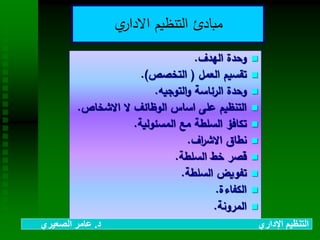 ‫ي‬‫االدار‬ ‫التنظيم‬ ‫مبادئ‬
‫الهدف‬ ‫وحدة‬.
‫العمل‬ ‫تقسيم‬(‫التخصص‬.)
‫التوجيه‬‫و‬ ‫الرئاسة‬ ‫وحدة‬.
‫االشخاص‬ ‫ال‬ ‫الوظائف‬ ‫اساس‬ ‫على‬ ‫التنظيم‬.
‫المسئولية‬ ‫مع‬ ‫السلطة‬ ‫تكافؤ‬.
‫اف‬‫ر‬‫االش‬ ‫نطاق‬.
‫السلطة‬ ‫خط‬ ‫قصر‬.
‫السلطة‬ ‫تفويض‬.
‫الكفاءة‬.
‫المرونة‬.
‫د‬ ‫اإلداري‬ ‫التنظيم‬.‫الصعيري‬ ‫عامر‬
 
