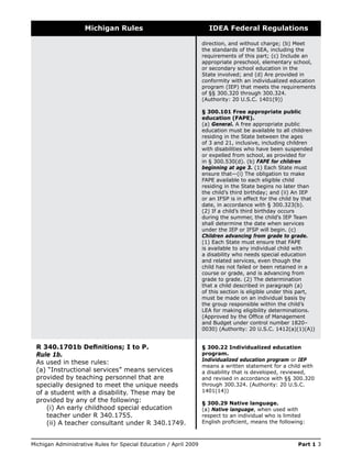 Michigan Rules                                   IDEA Federal Regulations

                                                                   direction,	and	without	charge;	(b)	Meet	
                                                                   the standards of the SEA, including the
                                                                   requirements	of	this	part;	(c)	Include	an	
                                                                   appropriate preschool, elementary school,
                                                                   or secondary school education in the
                                                                   State	involved;	and	(d)	Are	provided	in	
                                                                   conformity with an individualized education
                                                                   program (IEP) that meets the requirements
                                                                   of	§§	300.320	through	300.324.	
                                                                   (Authority: 20 U.S.C. 1401(9))

                                                                   § 300.101 Free appropriate public
                                                                   education (FAPE).
                                                                   (a) General. A free appropriate public
                                                                   education must be available to all children
                                                                   residing in the State between the ages
                                                                   of 3 and 21, inclusive, including children
                                                                   with disabilities who have been suspended
                                                                   or expelled from school, as provided for
                                                                   in	§	300.530(d).	(b)	FAPE for children
                                                                   beginning at age 3. (1) Each State must
                                                                   ensure that—(i) The obligation to make
                                                                   FAPE available to each eligible child
                                                                   residing in the State begins no later than
                                                                   the	child’s	third	birthday;	and	(ii)	An	IEP	
                                                                   or an IFSP is in effect for the child by that
                                                                   date,	in	accordance	with	§	300.323(b).	
                                                                   (2) If a child’s third birthday occurs
                                                                   during the summer, the child’s IEP Team
                                                                   shall determine the date when services
                                                                   under the IEP or IFSP will begin. (c)
                                                                   Children advancing from grade to grade.
                                                                   (1) Each State must ensure that FAPE
                                                                   is available to any individual child with
                                                                   a disability who needs special education
                                                                   and related services, even though the
                                                                   child has not failed or been retained in a
                                                                   course or grade, and is advancing from
                                                                   grade to grade. (2) The determination
                                                                   that a child described in paragraph (a)
                                                                   of this section is eligible under this part,
                                                                   must be made on an individual basis by
                                                                   the group responsible within the child’s
                                                                   LEA for making eligibility determinations.
                                                                   (Approved	by	the	Office	of	Management	
                                                                   and Budget under control number 1820–
                                                                   0030) (Authority: 20 U.S.C. 1412(a)(1)(A))


 R 340.1701b Definitions; I to P.                                  § 300.22 Individualized education
 Rule 1b.                                                          program.
                                                                   Individualized education program or IEP
 As used in these rules:
                                                                   means a written statement for a child with
 (a) “Instructional services” means services                       a disability that is developed, reviewed,
 provided by teaching personnel that are                           and	revised	in	accordance	with	§§	300.320	
 specially designed to meet the unique needs                       through 300.324. (Authority: 20 U.S.C.
 of a student with a disability. These may be                      1401(14))
 provided by any of the following:                                 § 300.29 Native language.
     (i) An early childhood special education                      (a) Native language, when used with
     teacher under R 340.1755.                                     respect to an individual who is limited
     (ii) A teacher consultant under R 340.1749.                   English	proficient,	means	the	following:	



Michigan Administrative Rules for Special Education / April 2009                                         Part 1 3
 