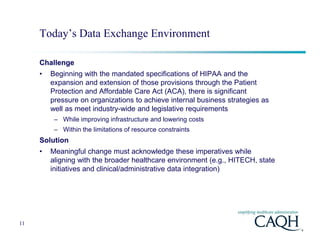 Today’s Data Exchange Environment

     Challenge
     •   Beginning with the mandated specifications of HIPAA and the
         expansion and extension of those provisions through the Patient
         Protection and Affordable Care Act (ACA), there is significant
         pressure on organizations to achieve internal business strategies as
         well as meet industry-wide and legislative requirements
          – While improving infrastructure and lowering costs
          – Within the limitations of resource constraints
     Solution
     •   Meaningful change must acknowledge these imperatives while
         aligning with the broader healthcare environment (e.g., HITECH, state
         initiatives and clinical/administrative data integration)




11
 