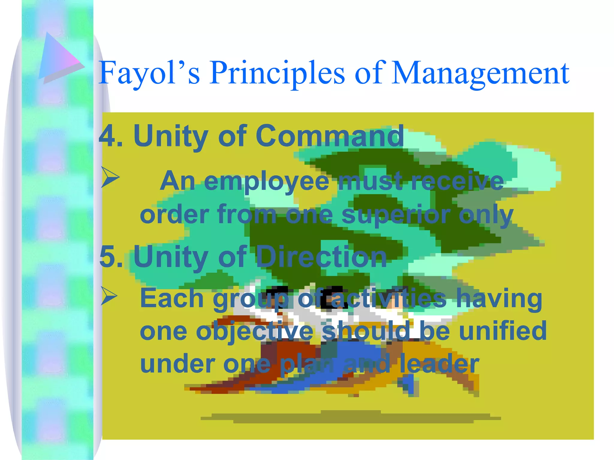 Fayol’s Principles of Management 4. Unity of Command An employee must receive order from one superior only 5. Unity of Direction Each group of activities having one objective should be unified under one plan and leader 