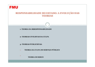 FMU
  RESPONSABILIDADE DO ESTADO: A EVOLUÇÃO DAS
                   TEORIAS




      1- TEORIA DA IRRESPONSABILIDADE



      2- TEORIAS CIVILISTAS DA CULPA



      3- TEORIAS PUBLICISTAS:


          TEORIA DA CULPA DO SERVIÇO PÚBLICO



              TEORIA DO RISCO
 
