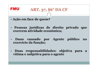 FMU          ART. 37, §6° DA CF

- Ação em face de quem?

- Pessoas jurídicas de direito privado que
  exercem atividade econômica;

-    Dano causado por      Agente   público   no
    exercício da função;

- Duas responsabilidades: objetiva para a
 vítima e subjetiva para o agente
 