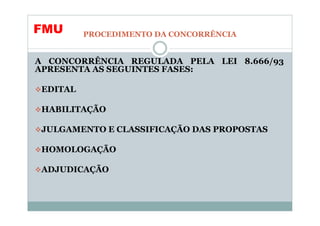 FMU       PROCEDIMENTO DA CONCORRÊNCIA


A CONCORRÊNCIA REGULADA PELA LEI 8.666/93
APRESENTA AS SEGUINTES FASES:

 EDITAL

 HABILITAÇÃO

 JULGAMENTO E CLASSIFICAÇÃO DAS PROPOSTAS

 HOMOLOGAÇÃO

 ADJUDICAÇÃO
 