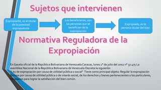 Expropiante, es el titular
de la potestad
expropiatoria
Los beneficiarios, son
las personas que se
benefician de la
expropiación
Expropiado, es la
persona titular del bien
En Gaceta oficial de la República Bolivariana deVenezuela Caracas, lunes 1° de julio del 2002 n° 37.475 La
asamblea Nacional de la República Bolivariana deVenezuela Decreta la siguiente:
“Ley de expropiación por causa de utilidad pública o social” Tiene como principal objeto: Regular la expropiación
forzosa por causa de utilidad pública o de interés social, de los derechos y bienes pertenecientes a los particulares,
necesarios para lograr la satisfacción del bien común.
 