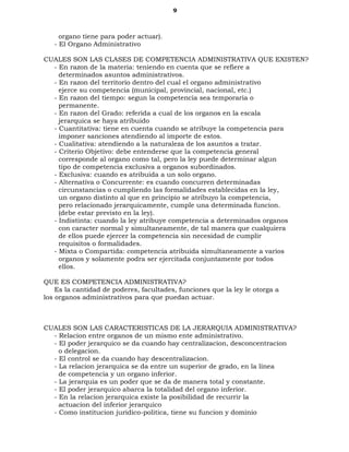 9
organo tiene para poder actuar).
- El Organo Administrativo
CUALES SON LAS CLASES DE COMPETENCIA ADMINISTRATIVA QUE EXISTEN?
- En razon de la materia: teniendo en cuenta que se refiere a
determinados asuntos administrativos.
- En razon del territorio dentro del cual el organo administrativo
ejerce su competencia (municipal, provincial, nacional, etc.)
- En razon del tiempo: segun la competencia sea temporaria o
permanente.
- En razon del Grado: referida a cual de los organos en la escala
jerarquica se haya atribuido
- Cuantitativa: tiene en cuenta cuando se atribuye la competencia para
imponer sanciones atendiendo al importe de estos.
- Cualitativa: atendiendo a la naturaleza de los asuntos a tratar.
- Criterio Objetivo: debe entenderse que la competencia general
corresponde al organo como tal, pero la ley puede determinar algun
tipo de competencia exclusiva a organos subordinados.
- Exclusiva: cuando es atribuida a un solo organo.
- Alternativa o Concurrente: es cuando concurren determinadas
circunstancias o cumpliendo las formalidades establecidas en la ley,
un organo distinto al que en principio se atribuyo la competencia,
pero relacionado jerarquicamente, cumple una determinada funcion.
(debe estar previsto en la ley).
- Indistinta: cuando la ley atribuye competencia a determinados organos
con caracter normal y simultaneamente, de tal manera que cualquiera
de ellos puede ejercer la competencia sin necesidad de cumplir
requisitos o formalidades.
- Mixta o Compartida: competencia atribuida simultaneamente a varios
organos y solamente podra ser ejercitada conjuntamente por todos
ellos.
QUE ES COMPETENCIA ADMINISTRATIVA?
Es la cantidad de poderes, facultades, funciones que la ley le otorga a
los organos administrativos para que puedan actuar.
CUALES SON LAS CARACTERISTICAS DE LA JERARQUIA ADMINISTRATIVA?
- Relacion entre organos de un mismo ente administrativo.
- El poder jerarquico se da cuando hay centralizacion, desconcentracion
o delegacion.
- El control se da cuando hay descentralizacion.
- La relacion jerarquica se da entre un superior de grado, en la linea
de competencia y un organo inferior.
- La jerarquia es un poder que se da de manera total y constante.
- El poder jerarquico abarca la totalidad del organo inferior.
- En la relacion jerarquica existe la posibilidad de recurrir la
actuacion del inferior jerarquico
- Como institucion juridico-politica, tiene su funcion y dominio
 