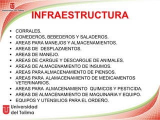 INFRAESTRUCTURA
 CORRALES.
 COMEDEROS, BEBEDEROS Y SALADEROS.
 AREAS PARA MANEJOS Y ALMACENAMIENTOS.
 AREAS DE DESPLAZAIENTOS.
 AREAS DE MANEJO.
 AREAS DE CARGUE Y DESCARGUE DE ANIMALES.
 AREAS DE ALMACENAMIENTO DE INSUMOS.
 AREAS PARA ALMACENAMIENTO DE PIENSOS.
 AREAS PARA ALAMACENAMIENTO DE MEDICAMENTOS
VETERINARIOS.
 AREAS PARA ALMACENAMIENTO QUIMICOS Y PESTICIDA.
 AREAS DE ALMACENAMIENTO DE MAQUINARIA Y EQUIPO.
 EQUIPOS Y UTENSILIOS PARA EL ORDEÑO.
 