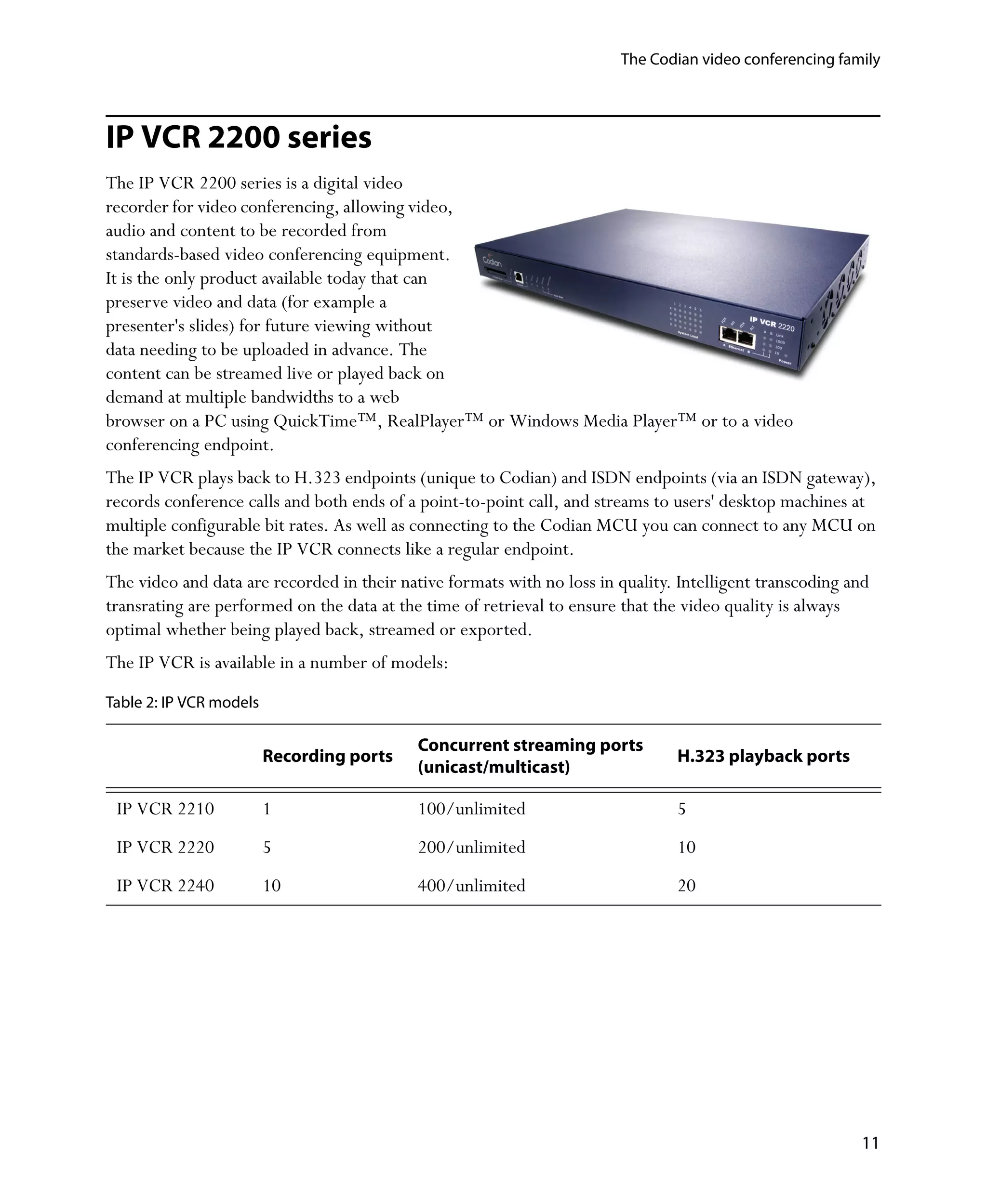 The Codian video conferencing family




IP VCR 2200 series
The IP VCR 2200 series is a digital video
recorder for video conferencing, allowing video,
audio and content to be recorded from
standards-based video conferencing equipment.
It is the only product available today that can
preserve video and data (for example a
presenter's slides) for future viewing without
data needing to be uploaded in advance. The
content can be streamed live or played back on
demand at multiple bandwidths to a web
browser on a PC using QuickTime™, RealPlayer™ or Windows Media Player™ or to a video
conferencing endpoint.
The IP VCR plays back to H.323 endpoints (unique to Codian) and ISDN endpoints (via an ISDN gateway),
records conference calls and both ends of a point-to-point call, and streams to users' desktop machines at
multiple configurable bit rates. As well as connecting to the Codian MCU you can connect to any MCU on
the market because the IP VCR connects like a regular endpoint.
The video and data are recorded in their native formats with no loss in quality. Intelligent transcoding and
transrating are performed on the data at the time of retrieval to ensure that the video quality is always
optimal whether being played back, streamed or exported.
The IP VCR is available in a number of models:
Table 2: IP VCR models

                                            Concurrent streaming ports
                         Recording ports                                        H.323 playback ports
                                            (unicast/multicast)

 IP VCR 2210             1                  100/unlimited                       5
 IP VCR 2220             5                  200/unlimited                       10
 IP VCR 2240             10                 400/unlimited                       20




                                                                                                          11
 