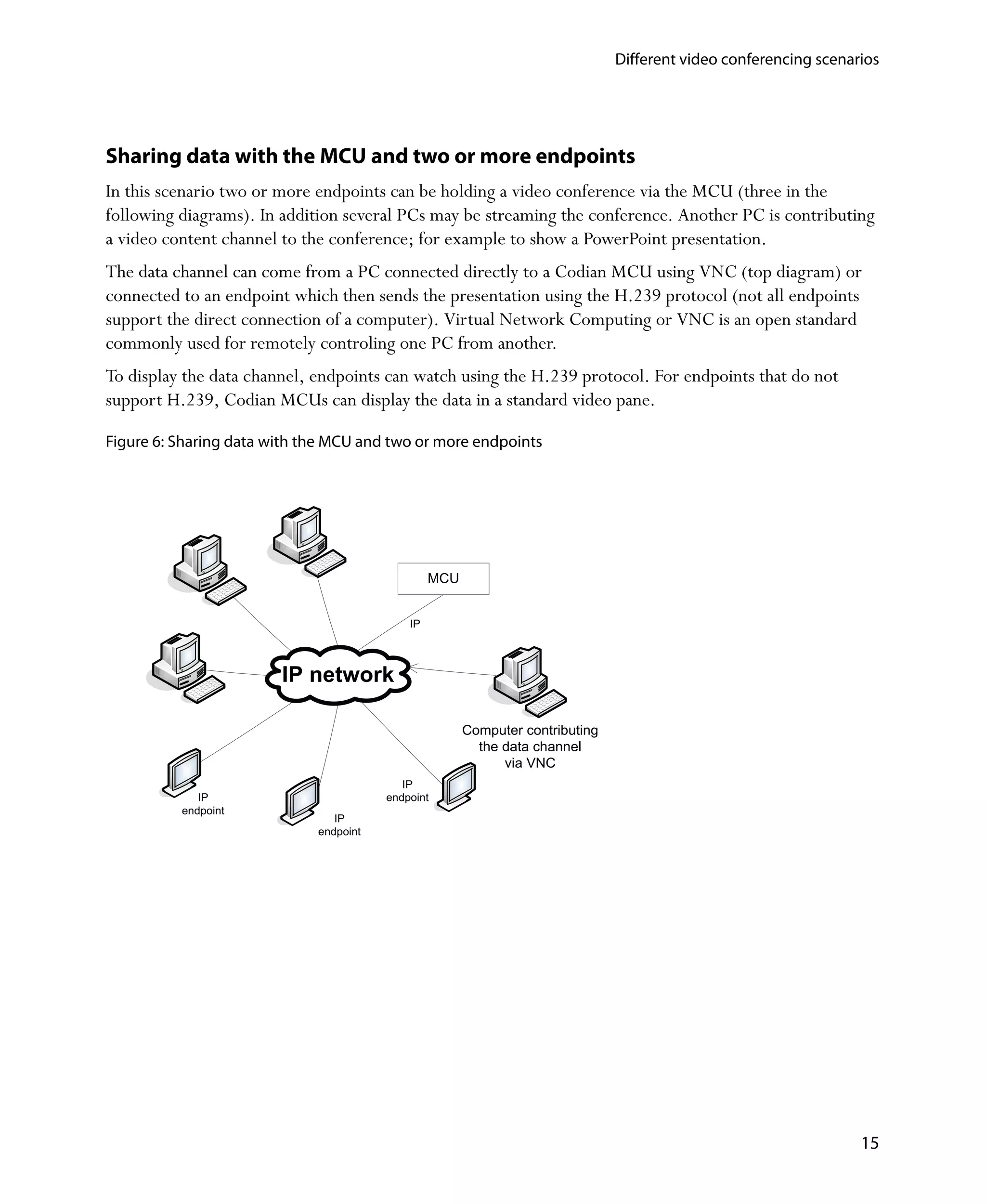Different video conferencing scenarios




Sharing data with the MCU and two or more endpoints
In this scenario two or more endpoints can be holding a video conference via the MCU (three in the
following diagrams). In addition several PCs may be streaming the conference. Another PC is contributing
a video content channel to the conference; for example to show a PowerPoint presentation.
The data channel can come from a PC connected directly to a Codian MCU using VNC (top diagram) or
connected to an endpoint which then sends the presentation using the H.239 protocol (not all endpoints
support the direct connection of a computer). Virtual Network Computing or VNC is an open standard
commonly used for remotely controling one PC from another.
To display the data channel, endpoints can watch using the H.239 protocol. For endpoints that do not
support H.239, Codian MCUs can display the data in a standard video pane.

Figure 6: Sharing data with the MCU and two or more endpoints




                                                 MCU


                                            IP



                        IP network

                                                       Computer contributing
                                                         the data channel
                                                             via VNC
                                           IP
             IP                         endpoint
          endpoint
                                IP
                             endpoint




                                                                                                                  15
 