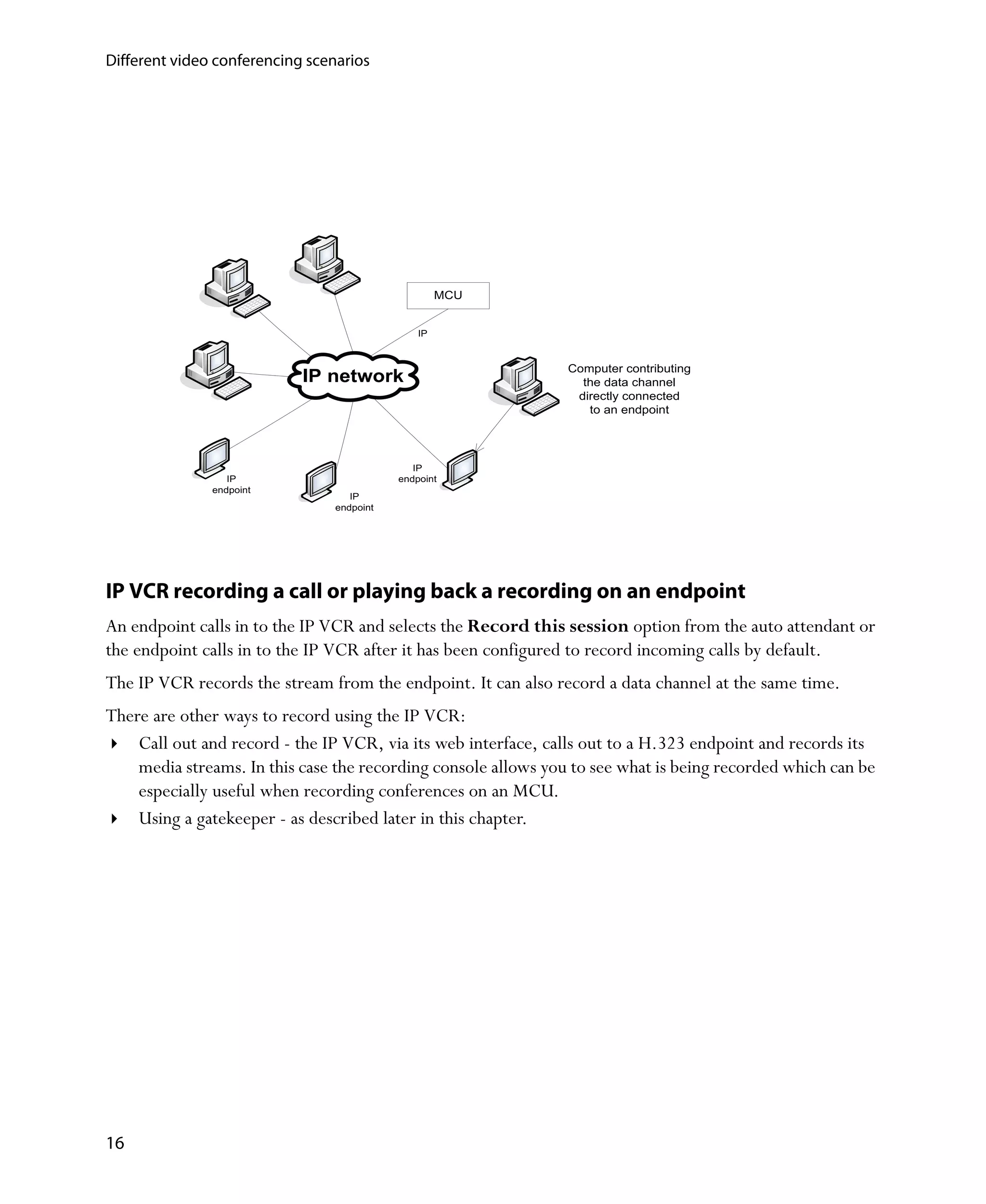 Different video conferencing scenarios




                                                     MCU


                                                IP


                                                                Computer contributing
                            IP network                            the data channel
                                                                 directly connected
                                                                   to an endpoint




                                               IP
                  IP                        endpoint
               endpoint
                                    IP
                                 endpoint




IP VCR recording a call or playing back a recording on an endpoint
An endpoint calls in to the IP VCR and selects the Record this session option from the auto attendant or
the endpoint calls in to the IP VCR after it has been configured to record incoming calls by default.
The IP VCR records the stream from the endpoint. It can also record a data channel at the same time.
There are other ways to record using the IP VCR:
    Call out and record - the IP VCR, via its web interface, calls out to a H.323 endpoint and records its
    media streams. In this case the recording console allows you to see what is being recorded which can be
    especially useful when recording conferences on an MCU.
    Using a gatekeeper - as described later in this chapter.




16
 