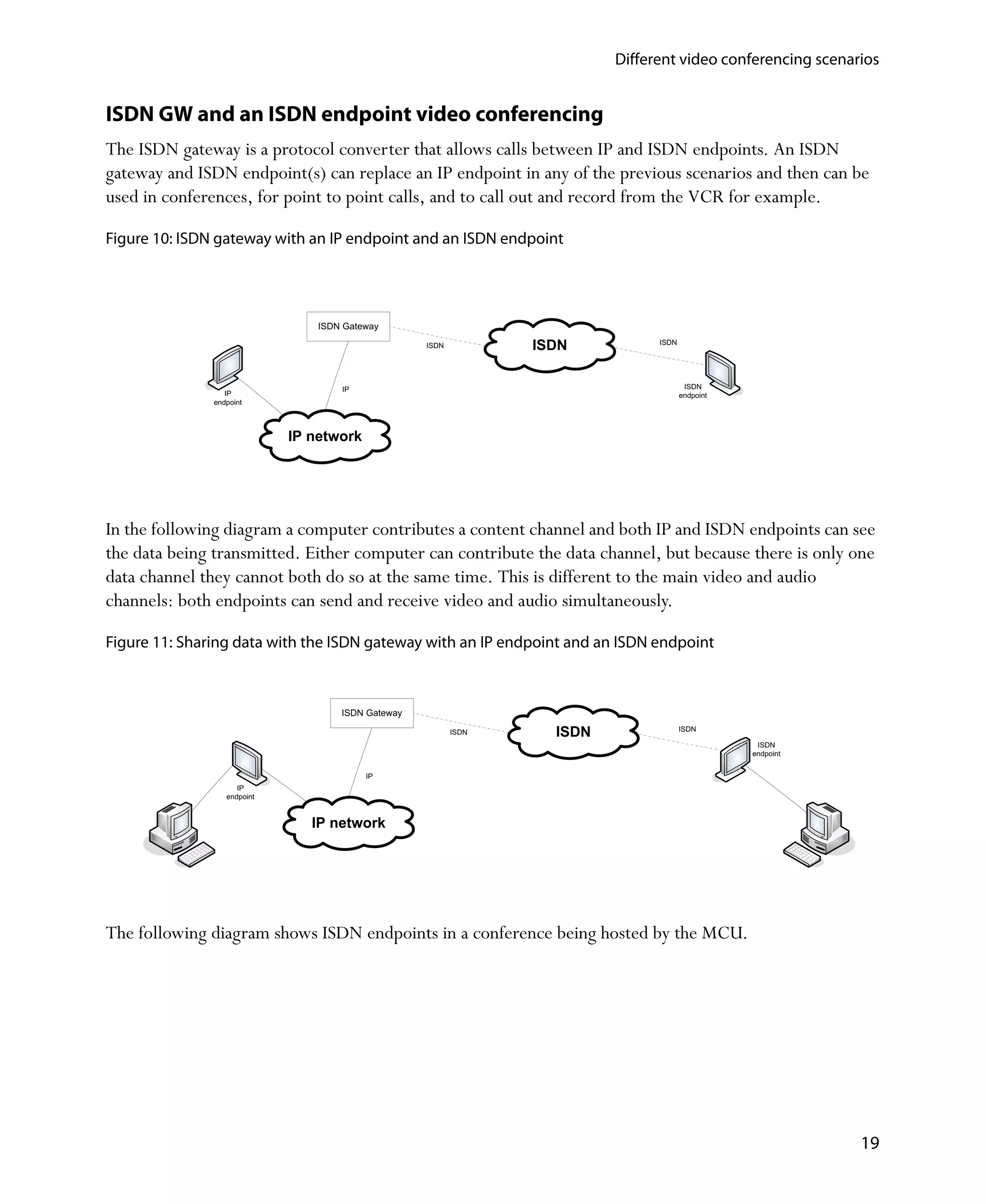 Different video conferencing scenarios


ISDN GW and an ISDN endpoint video conferencing
The ISDN gateway is a protocol converter that allows calls between IP and ISDN endpoints. An ISDN
gateway and ISDN endpoint(s) can replace an IP endpoint in any of the previous scenarios and then can be
used in conferences, for point to point calls, and to call out and record from the VCR for example.

Figure 10: ISDN gateway with an IP endpoint and an ISDN endpoint




                                 ISDN Gateway

                                                    ISDN          ISDN           ISDN




                                     IP                                                  ISDN
                  IP                                                                    endpoint
               endpoint



                             IP network




In the following diagram a computer contributes a content channel and both IP and ISDN endpoints can see
the data being transmitted. Either computer can contribute the data channel, but because there is only one
data channel they cannot both do so at the same time. This is different to the main video and audio
channels: both endpoints can send and receive video and audio simultaneously.

Figure 11: Sharing data with the ISDN gateway with an IP endpoint and an ISDN endpoint



                                     ISDN Gateway

                                                           ISDN     ISDN                ISDN

                                                                                                    ISDN
                                                                                                   endpoint


                                          IP
                     IP
                  endpoint


                                IP network




The following diagram shows ISDN endpoints in a conference being hosted by the MCU.




                                                                                                              19
 