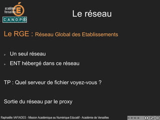 Le réseau
Le RGE : Réseau Global des Etablissements
Ø  Un seul réseau
Ø  ENT hébergé dans ce réseau
TP : Quel serveur de fichier voyez-vous ?
Sortie du réseau par le proxy
 