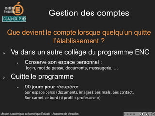 Accompagnement et
formations proposées
Nature de la formation
Durée de la
formation
Public Planification
Educ’Horus Outils métier
- Paramétrage et initialisation
de la vie scolaire
- Annuaire et import de l’emploi
du temps
Créneau horaire
personnalisé
d’une heure
Personnels de
Direction
16 et 18 septembre
2014
Educ’Horus Outils métier
Préparation des conseils de
classe
Créneau horaire
personnalisé
d’une heure
Personnels de
Direction
14 et 16 octobre
2014
Accompagnement des conseillers de bassins
Formation
 