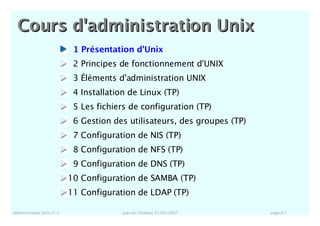 Administration Unix v1.2 jean-luc Charles/ 01/02/2007 page A-1
Cours d'administration UnixCours d'administration Unix
1 Présentation d'Unix
2 Principes de fonctionnement d'UNIX
3 Éléments d'administration UNIX
4 Installation de Linux (TP)
5 Les fichiers de configuration (TP)
6 Gestion des utilisateurs, des groupes (TP)
7 Configuration de NIS (TP)
8 Configuration de NFS (TP)
9 Configuration de DNS (TP)
10 Configuration de SAMBA (TP)
11 Configuration de LDAP (TP)
 