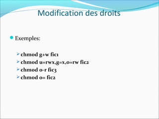 Modification des droits
Exemples:
 chmod g+w fic1
 chmod u=rwx,g=x,o=rw fic2
 chmod o-r fic3
 chmod o= fic2
 